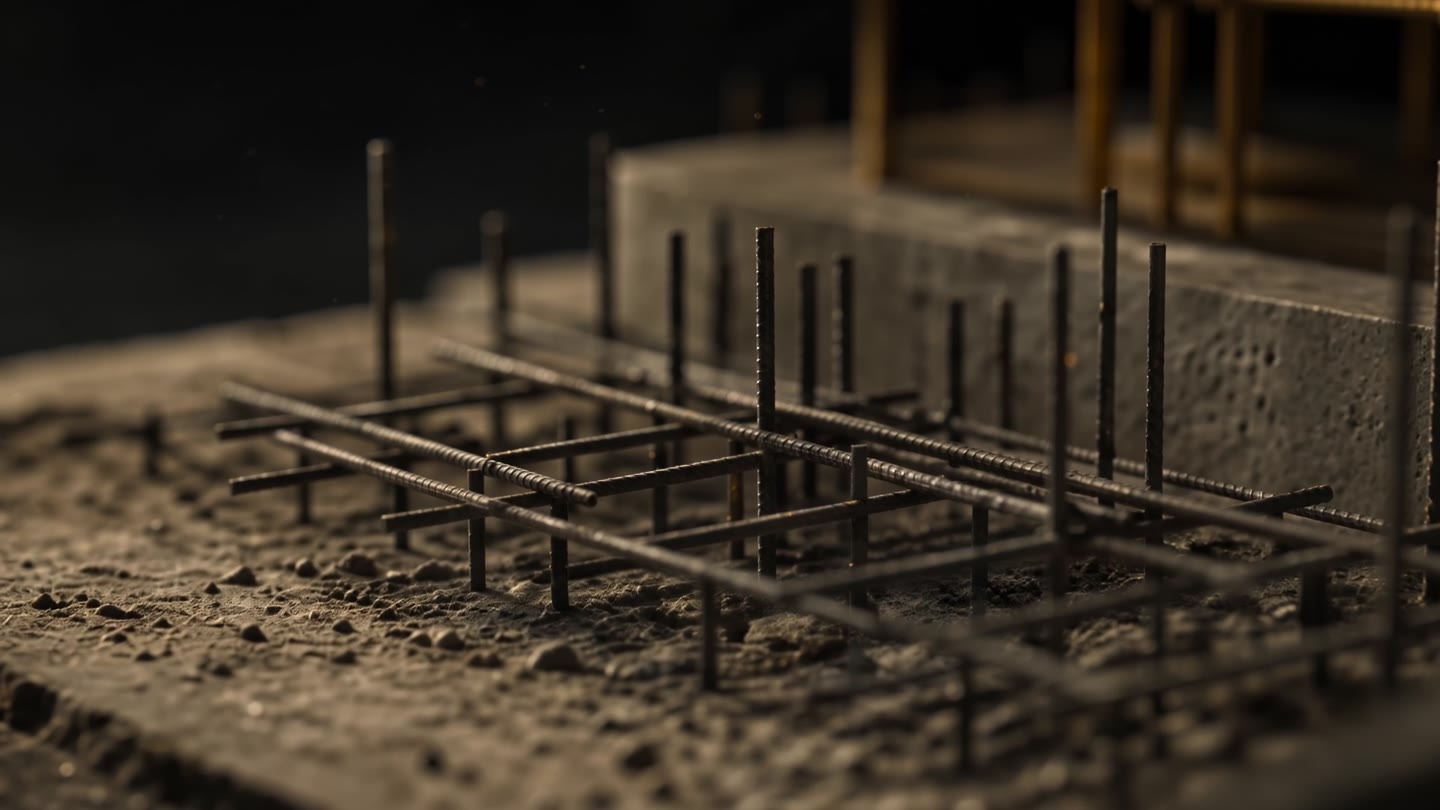 Makroaufnahme von rohem Beton und Bewehrungsstahl